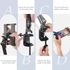 Collage of four images showing the steps to assemble and use a phone holder. Podgląd zdjęcia produktu