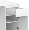 A close-up view of a white desk with an open drawer and an open cabinet door, revealing shelves. Náhľad obrázku produktu