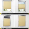 A collage of four images showing a beige pleated blind installed in different window configurations, demonstrating its adjustability and suitability for tilted windows. Produktbild-Vorschau
