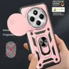 A hand holding a rose gold phone case with a camera cover and ring holder. Produktbild-Vorschau
