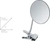 A close-up of a silver clip-on mirror with a flexible arm, next to a diagram with dimensions. Produktbild-Vorschau