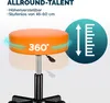 An orange rolling stool is shown with text and graphics highlighting its features. Produktbild-Vorschau