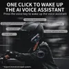 A person wearing a motorcycle helmet with a Bluetooth headset attached, with various voice command prompts displayed around it. Produktbild-Vorschau