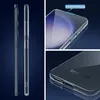 Collage of images showing a transparent phone case from different angles, highlighting its slim fit and raised edges. Produktbild-Vorschau