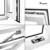 A collage of four close-up images showing the details of a white window frame and its hardware. Produktbild-Vorschau