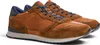 A pair of brown leather and suede sneakers with blue laces and navy blue accents. Produktbild-Vorschau