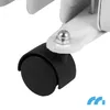 A close-up view of a black caster wheel attached to a white metal bracket with a silver nut and bolt. Produktbild-Vorschau