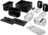 A collection of accessories for a deep fryer, including baskets, lids, and heating elements, laid out on a white background. Produktbild-Vorschau