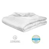 A folded white duvet is presented on a white background, with two circular icons and text below. Produktbild-Vorschau