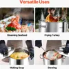 A collage of four images showing different uses of a large stainless steel pot. Produktbild-Vorschau