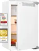 A white built-in refrigerator with its door open, showing the interior and some fruit. There are several award badges on the left side of the image. Produktbild-Vorschau