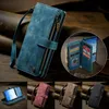 A collage of images showcasing different colors of a wallet-style phone case with a zipper and card slots, displayed on a textured brown background. Produktbild-Vorschau
