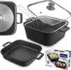 A collage of kitchenware items, including a deep fryer, a grill pan, and packaging. Náhľad obrázku produktu