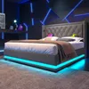 A modern bedroom with a bed featuring LED lighting and a geometric wall design. Anteprima dell’immagine prodotto