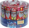 A clear, well-lit product shot of a round plastic container filled with individually wrapped chocolate Santas. Náhled obrázku produktu