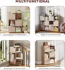 Collage of four images showing a modular shelving unit used in different room settings: a child's room with toys, a living room with books and decor, a home office with books and a desk, and a bedroom with folded clothes. Produktbild-Vorschau