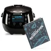 A black digital rice cooker and a recipe book are displayed on a white background. Produktbild-Vorschau