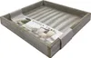 A square wooden tray with a distressed gray finish, presented on a white background. A product label is attached to the tray. Produktbild-Vorschau