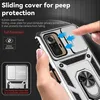 A hand holding a silver phone case with a sliding camera cover and ring holder. Produktbild-Vorschau