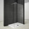 A modern walk-in shower enclosure with a glass panel and a white shower tray, set against dark tiled walls. Produktbild-Vorschau