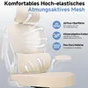 A close-up view of a beige ergonomic office chair with text overlays and graphics highlighting its features. Voir les images du produit
