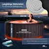 A woman relaxing in an illuminated hot tub on a rooftop at dusk. Produktbild-Vorschau