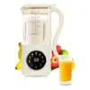 A white multifunctional soy milk maker with a digital display and various fruits surrounding it, next to a glass of orange juice. Voir les images du produit