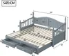 A diagram showing the dimensions of a gray wooden daybed with drawers. Náhled obrázku produktu