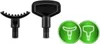 Two black massage gun attachments and two green circular icons with white outlines of massage gun attachments. Produktbild-Vorschau