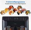 A marketing image showing a black air fryer with various food items displayed in hexagonal shapes above it, illustrating different cooking programs. Produktbild-Vorschau