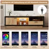 A TV stand with integrated LED lighting and app control features, shown with multiple app interface screenshots. Anteprima dell’immagine prodotto
