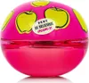 A close-up studio shot of a pink, spherical perfume bottle with yellow apple illustrations and a white label. Podgląd zdjęcia produktu