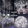 A collage of images showing white LED string lights used for indoor and outdoor decoration, including trees, a long table setting, and a coiled string of lights. Náhled obrázku produktu