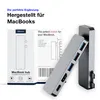 A MacBook hub is shown next to its packaging, with marketing text overlaying the image. Produktbild-Vorschau