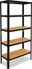A black metal shelving unit with five wooden shelves, shown against a white background. Produktbild-Vorschau