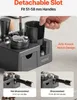 A close-up of a coffee tamper holder with different compartments and two inset images showing how it accommodates different sizes of coffee portafilter handles. Anteprima dell’immagine prodotto