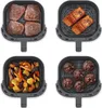 Four air fryer baskets are shown, each containing different food items: raw meat, cooked salmon, roasted vegetables, and chocolate muffins. Produktbild-Vorschau