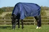 A black horse wearing a blue blanket is grazing in a grassy field with a wooden fence in the background. Produktbild-Vorschau