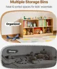 A split image showing an organized bookshelf on top and a messy floor with toys on the bottom. Anteprima dell’immagine prodotto