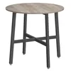 A round dining table with a wood-grain top and dark gray metal legs. Náhled obrázku produktu