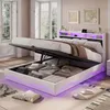 Bett 140x200cm Samt Beige, Hydraulischer Stauraum, LED RGB, Produktbild-Vorschau 1