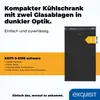 A marketing image for a black Exquisit refrigerator, highlighting its features and energy efficiency rating. Produktbild-Vorschau