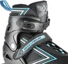Close-up of a black inline skate with blue and white accents. Anteprima dell’immagine prodotto
