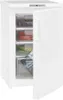 A white upright freezer with its door open, showing transparent drawers filled with food items. Produktbild-Vorschau