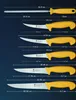 A set of kitchen knives and a sharpening steel are displayed with measurements. Produktbild-Vorschau