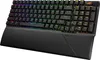 A black Asus Rog Strix Scope II 96 wireless keyboard with RGB lighting and a black wrist rest. Podgląd zdjęcia produktu