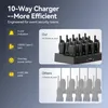 A marketing image showcasing a 10-way charger for walkie-talkies, comparing its efficiency to a single-device charger. Voir les images du produit