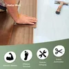 A person is installing laminate flooring, with icons and text highlighting product features at the bottom. Produktbild-Vorschau
