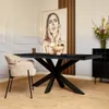 A dining room setting with a black rectangular table and a beige upholstered chair. Produktbild-Vorschau