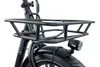 Close-up of the front rack and front wheel of a black electric bicycle. Produktbild-Vorschau